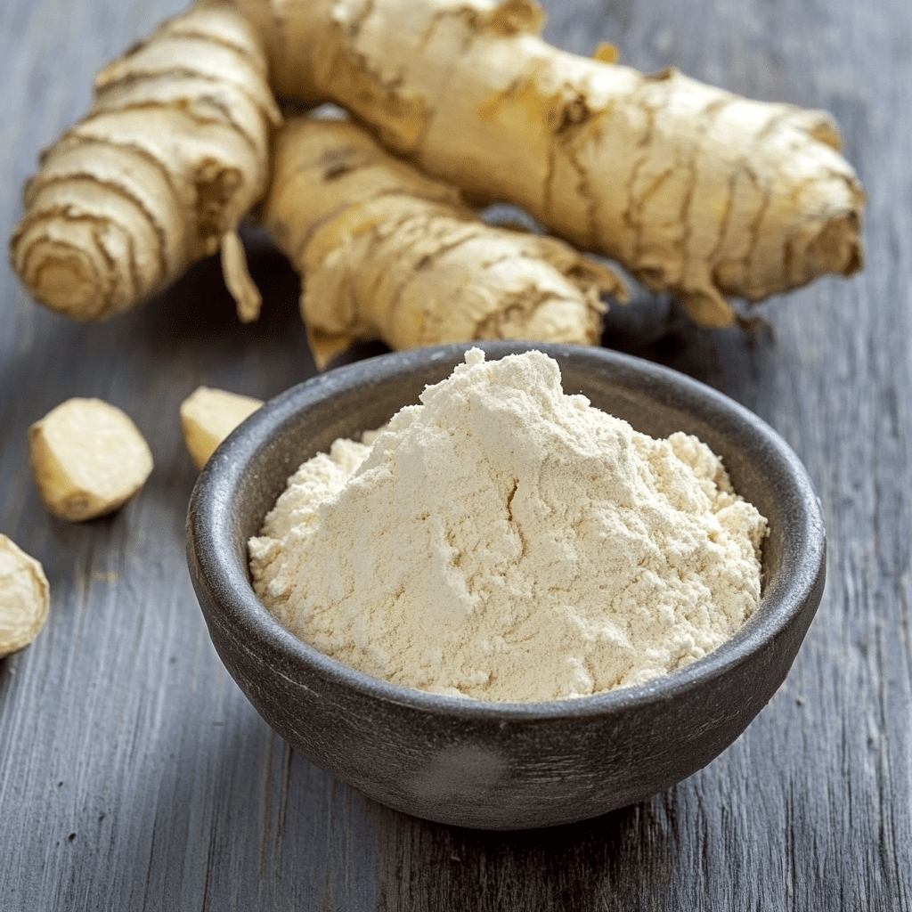 Arrowroot powder in a dark ceramic bowl with fresh arrowroot roots in the background, a gluten-free thickener and substitute for file powder in cooking.