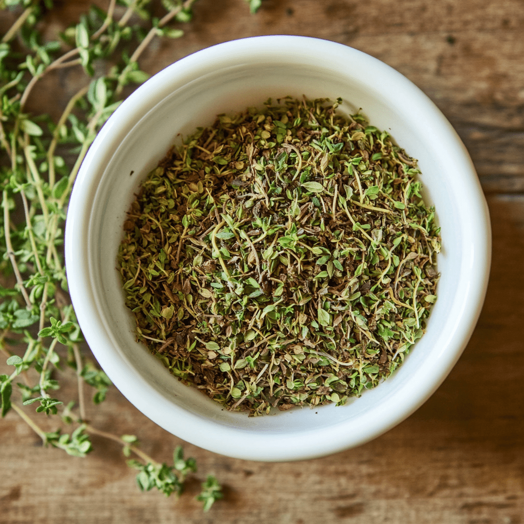 Dried ground thyme in a white bowl on a rustic wooden table, a flavorful herb used as a substitute for file powder in recipes like gumbo.