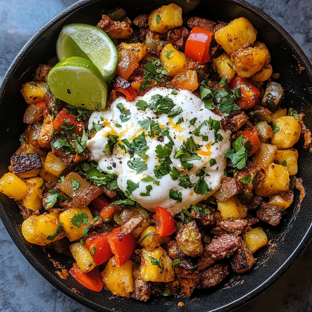Carne asada hash served in a skillet, featuring diced potatoes, tender grilled steak, red peppers, fresh cilantro, and a dollop of sour cream with lime wedges on the side.