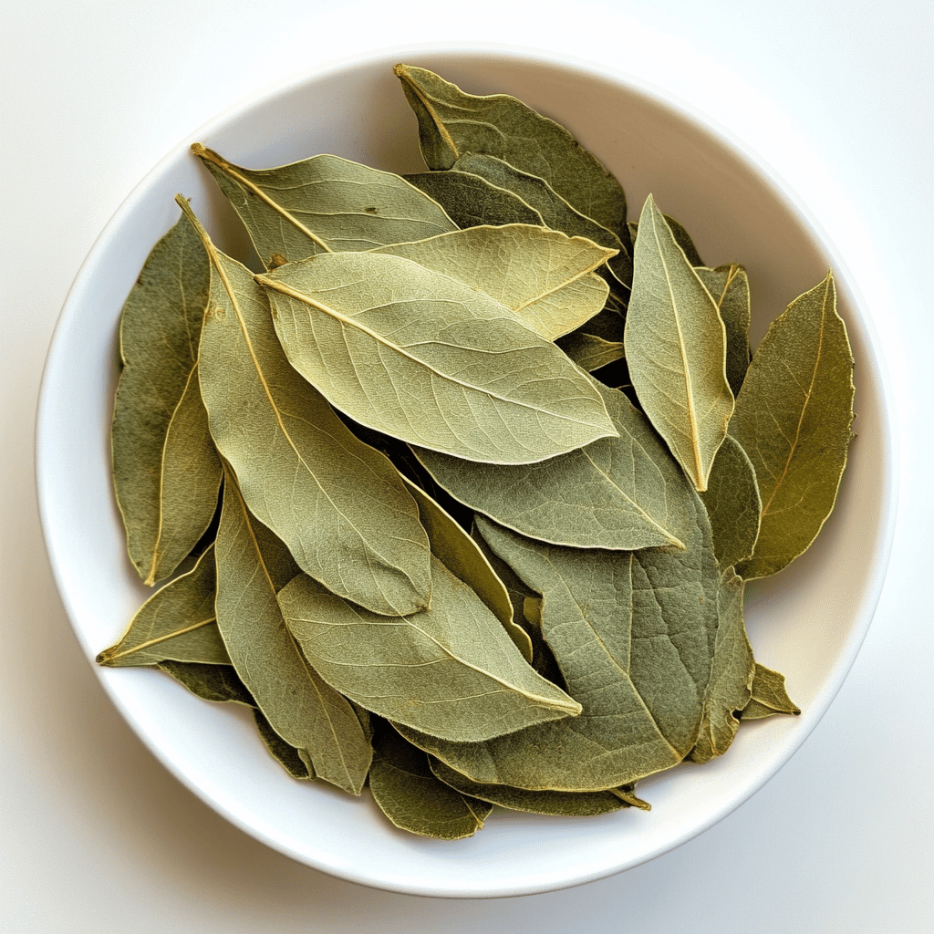 Dried bay leaves in a white bowl, an aromatic herb often ground and used as a substitute for file powder in cooking.