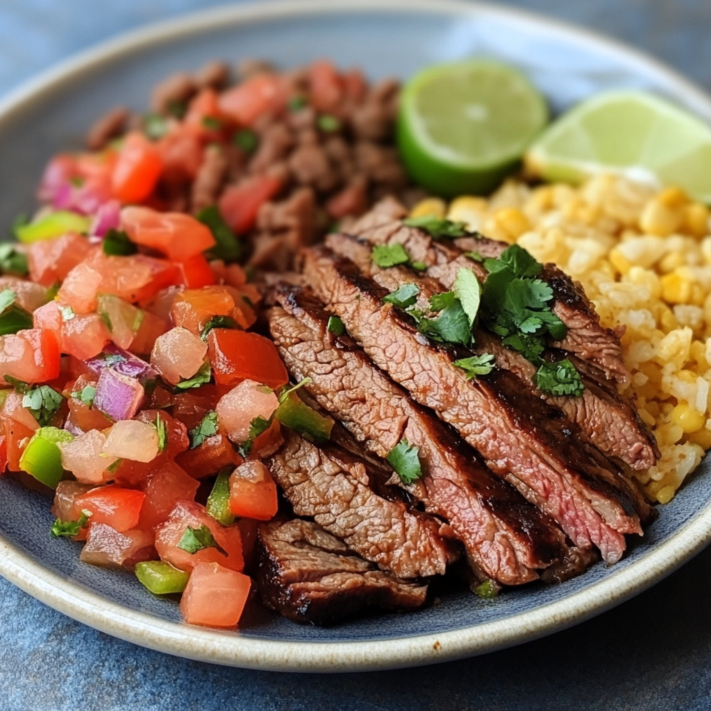 A plate of carne asada with grilled steak slices, fresh pico de gallo, corn, beans, and lime wedges, served as a vibrant Mexican-inspired meal