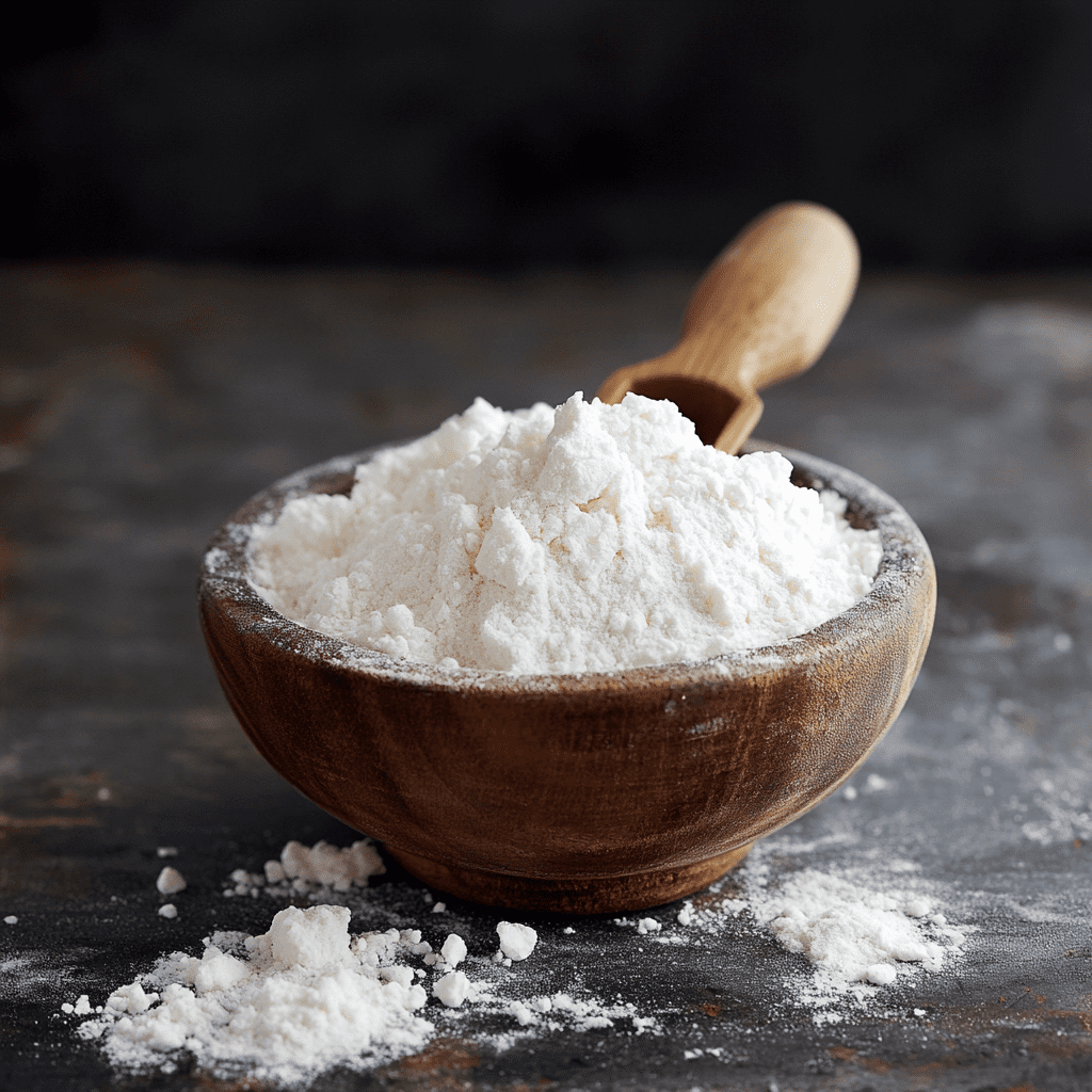 Xanthan gum powder in a wooden bowl with a scoop, a gluten-free thickener and substitute for file powder in modern recipes.