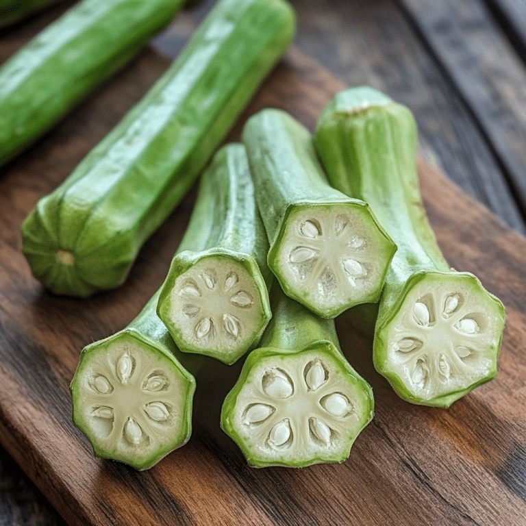 Fresh green okra cut to reveal its seeds, displayed on a wooden cutting board, representing a natural thickener and substitute for file powder in cooking