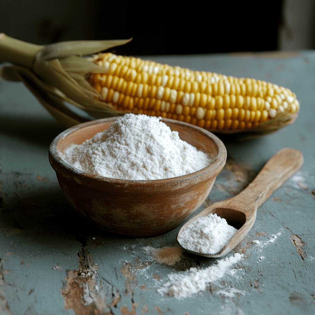 Cornstarch in a ceramic bowl with a fresh ear of corn in the background, representing a versatile thickener and a substitute for file powder in recipes.