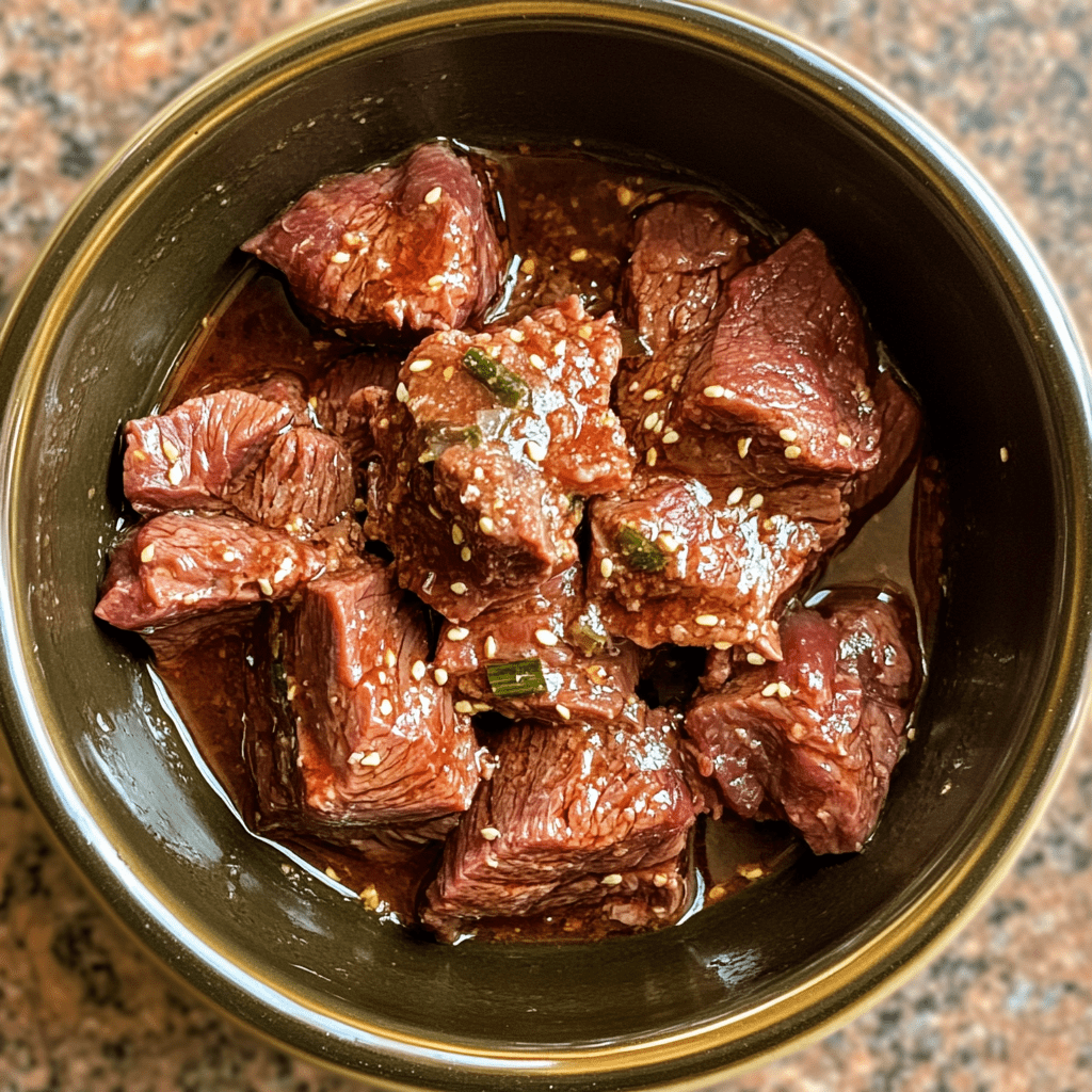 Marinated beef chunks in a bowl with sesame seeds and green onions, ready for cooking.
