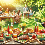 Family BBQ feast with grilled meats, fresh salads, breads, beverages, and desserts on a wooden table, set in a sunlit garden for a summer gathering.