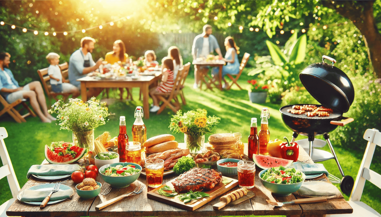 Family BBQ feast with grilled meats, fresh salads, breads, beverages, and desserts on a wooden table, set in a sunlit garden for a summer gathering.